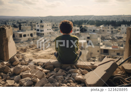 A child sits on the ruins of his house after the bombing 121628895