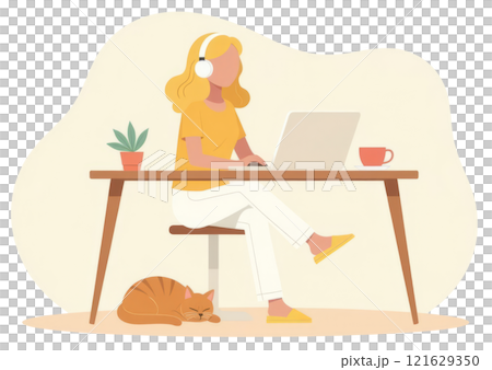 Woman works on laptop from home. 121629350