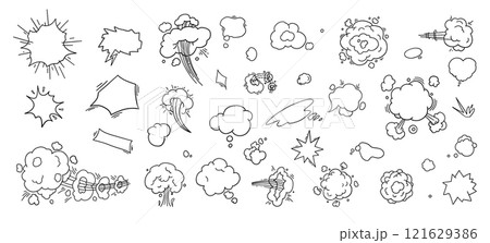 Crayon speech bubble children set. Round, cloud and star frame for text. Chalk texture dialog speech balloon. Crayon bubble for talk and children comic design. Vector illustration on white background 121629386