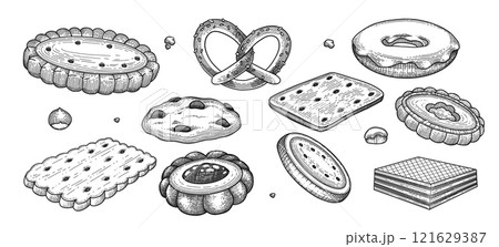 Cookies and biscuits doodle set. Desserts, pastry, crackers, chocolate chip cookies in sketch style. Hand drawn vector illustration isolated on white background for your design 121629387