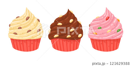 Cartoon cupcakes. Sweet pastry vanilla and chocolate muffins, delicious dessert with chocolate chip flat vector illustration. Tasty cupcakes on white background Cartoon cupcakes. Sweet pastry vanilla and chocolate muffins, delicious dessert with chocolate chip flat vector illustration. Tasty cupcakes on white background 121629388