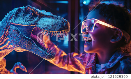 A kid boy enjoys interacting with a holographic dinosaur. The concept of the excitement of blending technology with play and learning through augmented reality. Generative AI. 121629590