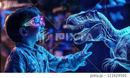 A kid boy enjoys interacting with a holographic dinosaur. The concept of the excitement of blending technology with play and learning through augmented reality. Generative AI. 121629591