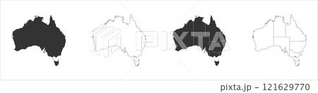 Australia set of three maps - solid map, outline map and map highlighting administrative divisions. Three distinct maps illustrate various representations of a geographical area. 121629770