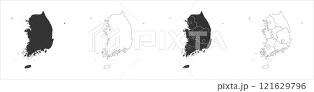 South Korea set of three maps - solid map, outline map and map highlighting administrative divisions. Three distinct maps illustrate various representations of a geographical area. South Korea set of three maps - solid map, outline map and map highlighting administrative divisions. Three distinct maps illustrate various representations of a geographical area. 121629796