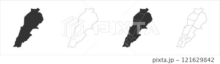 Lebanon set of three maps - solid map, outline map and map highlighting administrative divisions. Three distinct maps illustrate various representations of a geographical area. Lebanon set of three maps - solid map, outline map and map highlighting administrative divisions. Three distinct maps illustrate various representations of a geographical area. 121629842