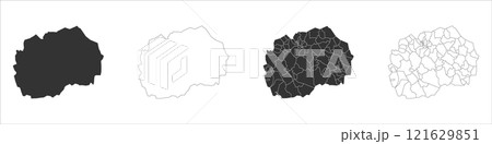 North Macedonia set of three maps - solid map, outline map and map highlighting administrative divisions. Three distinct maps illustrate various representations of a geographical area. 121629851