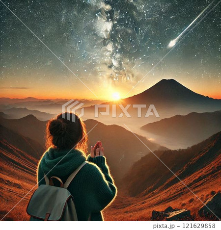 山で流れ星に願いを祈る女性の後ろ姿 121629858
