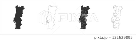 Portugal set of three maps - solid map, outline map and map highlighting administrative divisions. Three distinct maps illustrate various representations of a geographical area. Portugal set of three maps - solid map, outline map and map highlighting administrative divisions. Three distinct maps illustrate various representations of a geographical area. 121629893