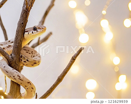 Green snake against the background of a snow-covered fir tree, on white background, empty white frame for text, copy space. Symbol of 2025 year of the Snake, picture for postcard and poster calendar 121629939