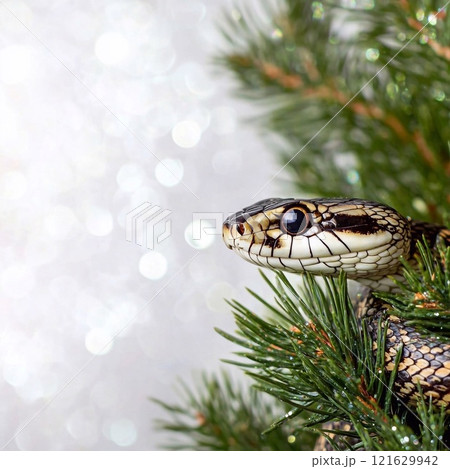 Green snake against the background of a snow-covered fir tree, on white background, empty white frame for text, copy space. Symbol of 2025 year of the Snake, picture for postcard and poster calendar 121629942