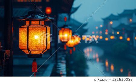 Warmly lit lanterns reflecting on a tranquil river in traditional asian town. Chinese New Year's celebrations 121630058