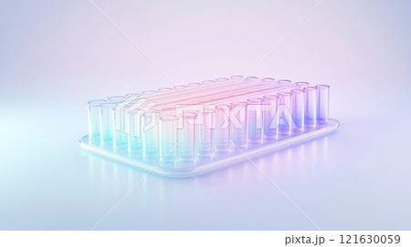 Colorful array of empty science test tubes on tray in gradient lighting 121630059