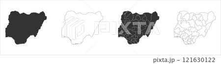 Nigeria set of three maps - solid map, outline map and map highlighting administrative divisions. Three distinct maps illustrate various representations of a geographical area. Nigeria set of three maps - solid map, outline map and map highlighting administrative divisions. Three distinct maps illustrate various representations of a geographical area. 121630122