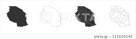 Tanzania set of three maps - solid map, outline map and map highlighting administrative divisions. Three distinct maps illustrate various representations of a geographical area. 121630142