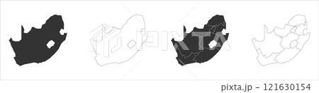 South Africa set of three maps - solid map, outline map and map highlighting administrative divisions. Three distinct maps illustrate various representations of a geographical area. 121630154