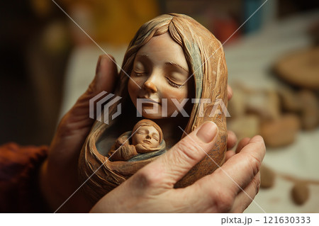 Hands gently cradling a finely crafted ceramic sculpture of a mother and child Hands gently cradling a finely crafted ceramic sculpture of a mother and child 121630333
