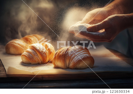 Hands of a baker preparing croissants with flour in a warm kitchen at dawn Hands of a baker preparing croissants with flour in a warm kitchen at dawn 121630334
