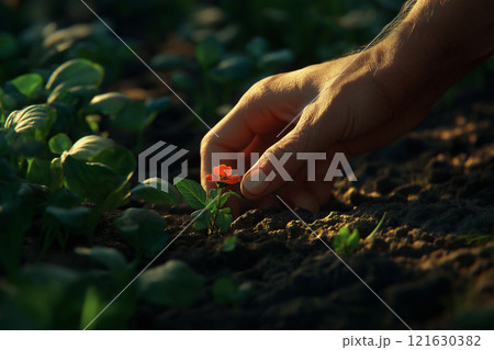 Gardener's hand nurturing a vibrant flower in a sunlit garden 121630382