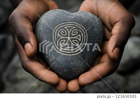 Hands hold a smooth heart-shaped stone with intricate carvings in a natural setting 121630383