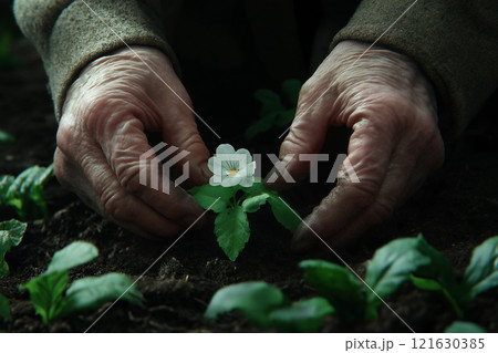 Gardener's hands carefully nurturing a white flower in a lush garden on a sunny day 121630385