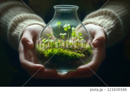 Hands holding a glass vessel with thriving green plants and moss, reflecting care and growth 121630386