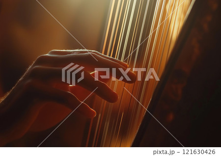 Hands of a musician skillfully playing strings in a warm, intimate setting 121630426