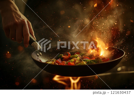 Chef skillfully tossing fresh vegetables in a hot frying pan over an open flame 121630437