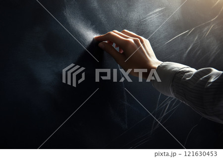 Teacher writing on a blackboard in a classroom during a lesson on a sunny afternoon 121630453