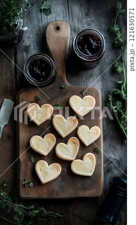 Heart-shaped cookies on wooden cutting board with jam and herbs in natural light Heart-shaped cookies on wooden cutting board with jam and herbs in natural light 121630571
