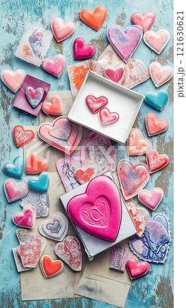 Colorful heart-shaped decorations arranged on a rustic wooden surface for a whimsical display 121630621