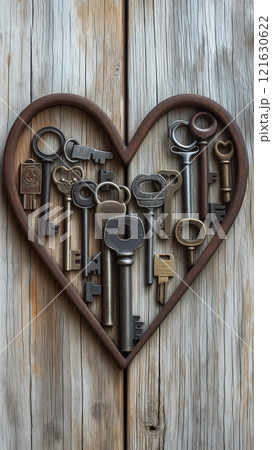 Unique heart-shaped arrangement of vintage keys on rustic wooden surface 121630622