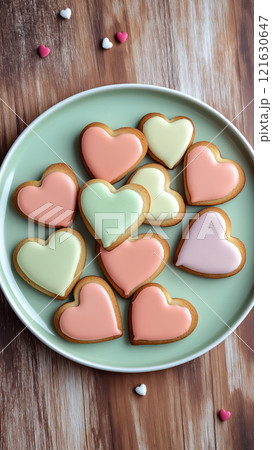Delicious heart-shaped cookies arranged on a green plate for a festive gathering 121630647