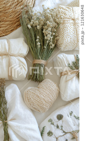 Beautifully arranged natural materials for a sustainable gift wrapping setup 121630648