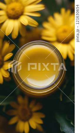 Bright yellow flowers surrounding a jar of golden herbal balm on a wooden table 121630654