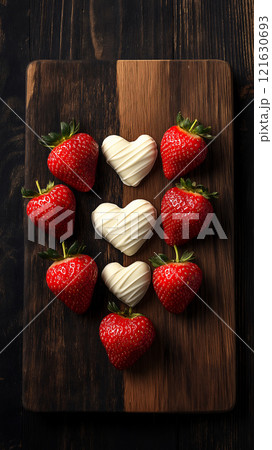 Fresh strawberries and heart-shaped treats arranged on a wooden board for a romantic dessert setting 121630693
