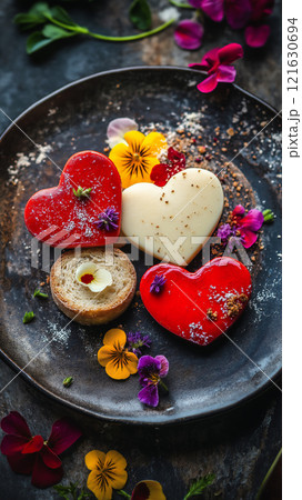 Colorful heart-shaped desserts beautifully arranged on a dark plate with edible flowers 121630694