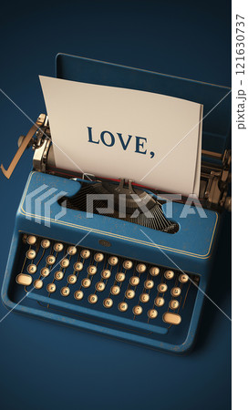 Vintage typewriter with a letter on blue background expressing love and affection 121630737