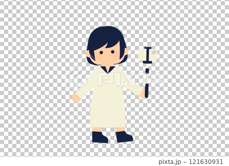Flat illustration of a woman holding a selfie stick (vector character material, deformed, simple) 121630931