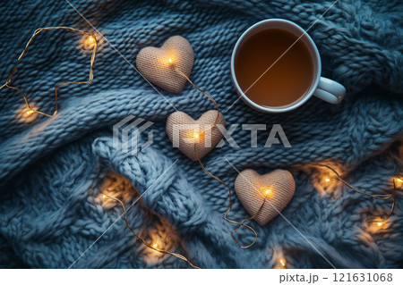 Cozy flat lay featuring a cup of tea and heart decorations on a knitted blanket 121631068