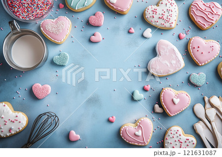 Heart-shaped cookies decorated with icing and sprinkles arranged on a blue background Heart-shaped cookies decorated with icing and sprinkles arranged on a blue background 121631087