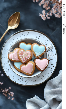 Delightful heart-shaped cookies arranged on a stylish plate in a cozy kitchen setting Delightful heart-shaped cookies arranged on a stylish plate in a cozy kitchen setting 121631141