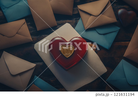 Romantic flat lay of a heart-shaped box surrounded by vintage envelopes 121631194
