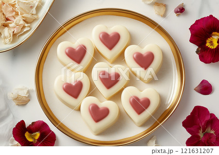 Delicious heart-shaped treats arranged on a plate with floral decorations Delicious heart-shaped treats arranged on a plate with floral decorations 121631207