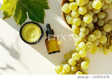 Fresh green grapes and natural skincare products arranged in a stylish flat lay 121631279