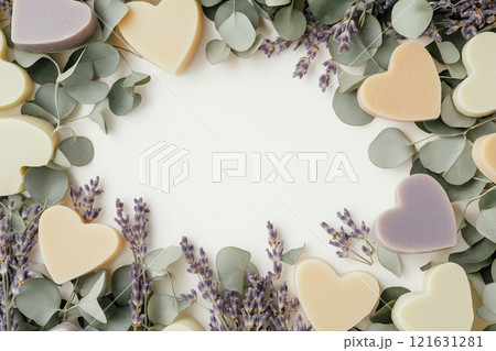Heart-shaped soaps arranged with eucalyptus and lavender leaves in a flat lay display 121631281