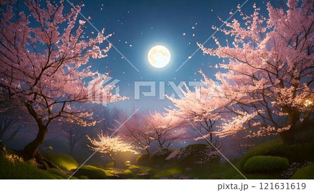 満月の月明かりに照らされ、花びらが舞い散る満開の夜桜のイラスト 121631619