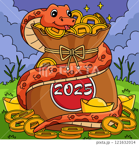 Year of the Snake Coiling with Gold Coins Colored  121632014