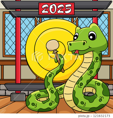Year of the Snake with a Gong Colored Cartoon Year of the Snake with a Gong Colored Cartoon 121632173