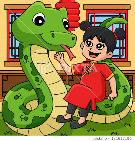 Year of the Snake Chinese Girl Colored Cartoon Year of the Snake Chinese Girl Colored Cartoon 121632196